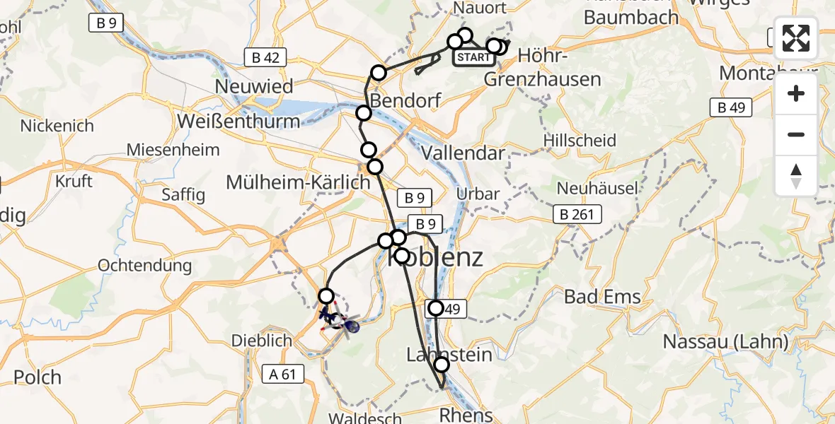 Flugroute Polizeihubschrauber Bendorf - Koblenz-Winningen Flugplatz, 19 Oktober 2026, 09:11