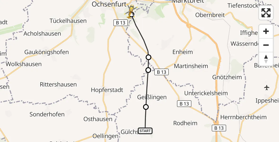 Flugroute Rettungshubschrauber Hemmersheim - Ochsenfurt Hospital, 19 Oktober 2026, 09:12