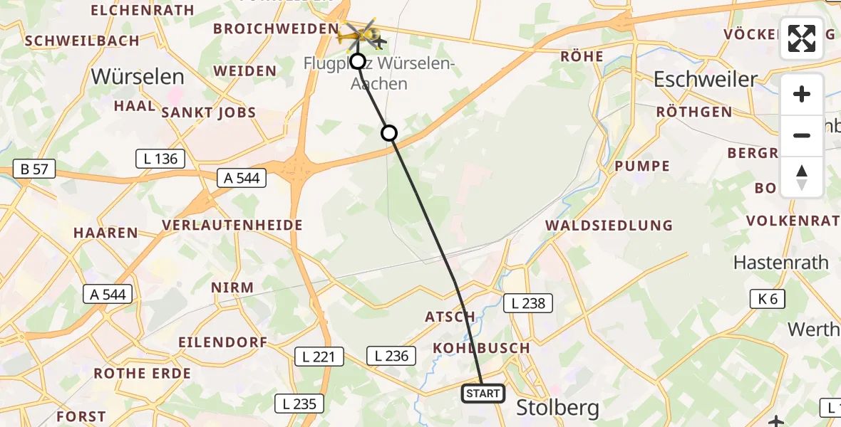 Flugroute Rettungshubschrauber Stolberg (Rhld.) - Aachen-Merzbrück Flughafen, 19 Oktober 2026, 09:13
