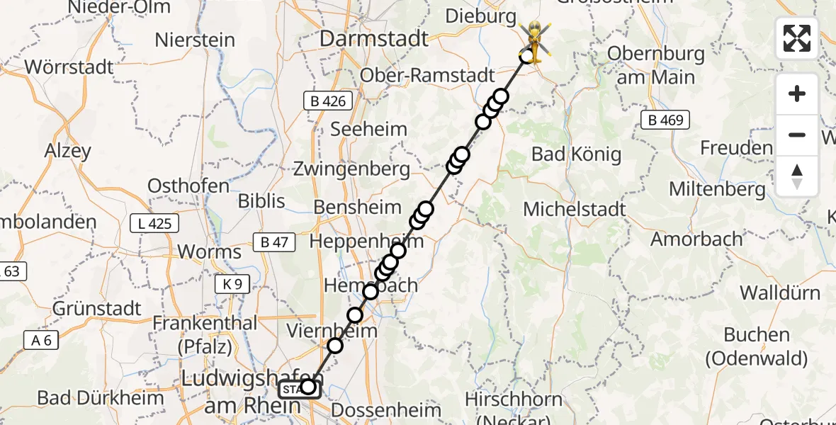 Flugroute Rettungshubschrauber Mannheim-City Flughafen - Groß-Umstadt, 19 Oktober 2026, 09:23