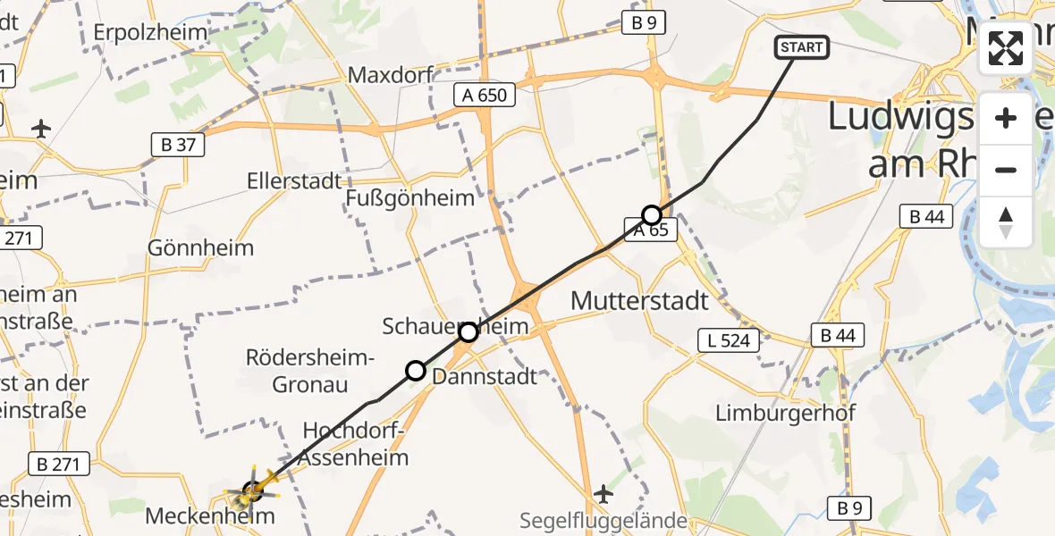Flugroute Rettungshubschrauber Ludwigshafen am Rhein - Meckenheim, 19 Oktober 2026, 09:23