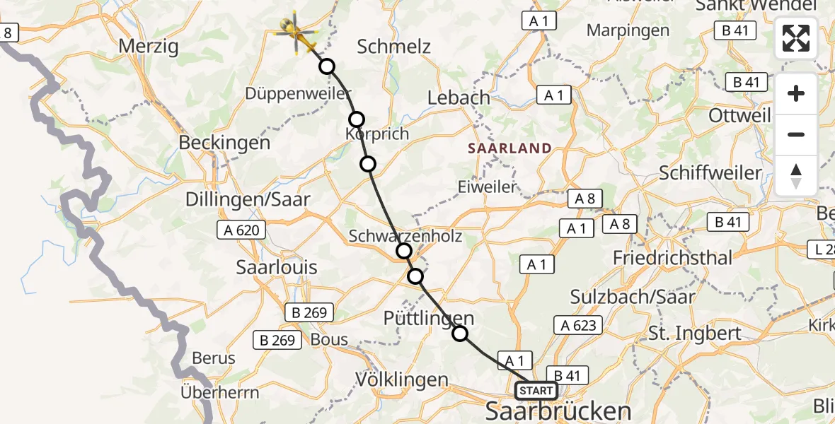 Flugroute Rettungshubschrauber Saarbrücken - Beckingen, 19 Oktober 2026, 09:25