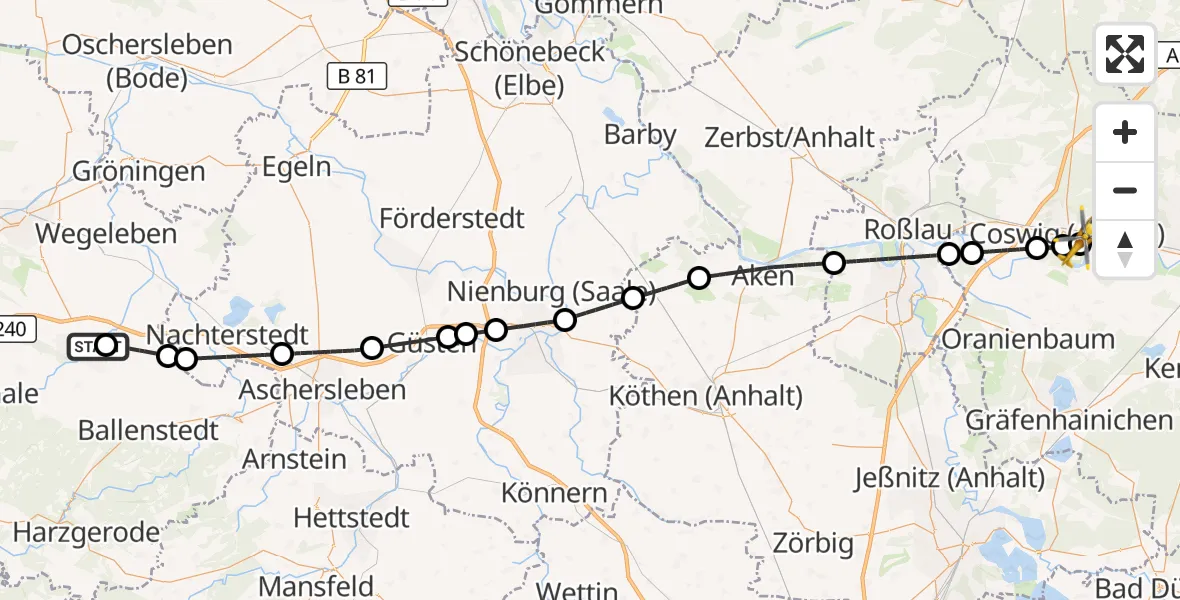 Flugroute Rettungshubschrauber Harz Hospital Quedlinburg - MediClin Heart Center Coswig Hubschrauberlandeplatz, 19 Oktober 2026, 09:35