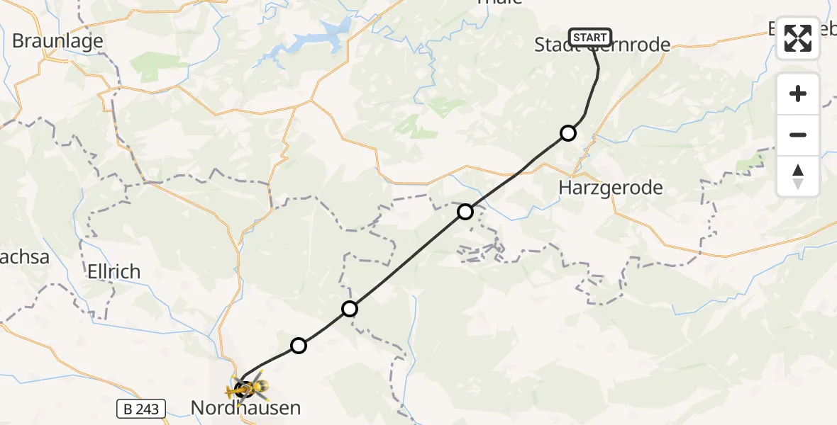Flugroute Rettungshubschrauber Quedlinburg - Südharz Hospital Nordhausen, 19 Oktober 2026, 09:44