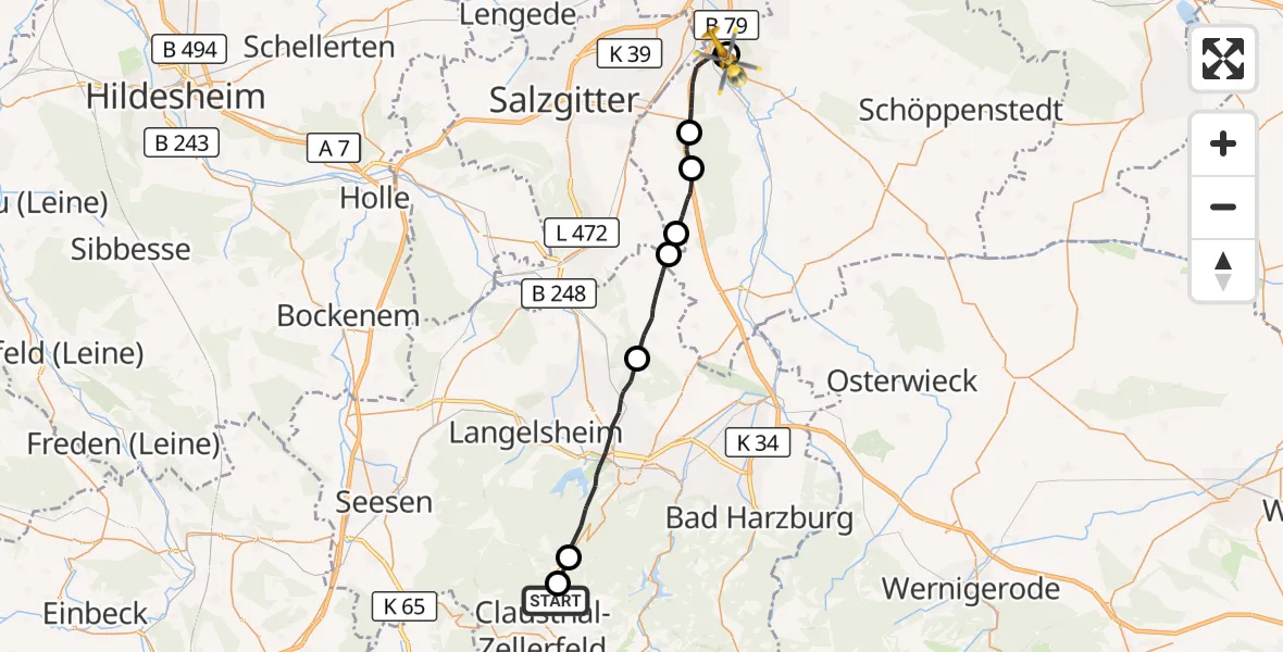 Flugroute Rettungshubschrauber Clausthal-Zellerfeld - Wolfenbüttel Municipal Hospital Hubschrauberlandeplatz (Christoph 30), 19 Oktober 2026, 09:44