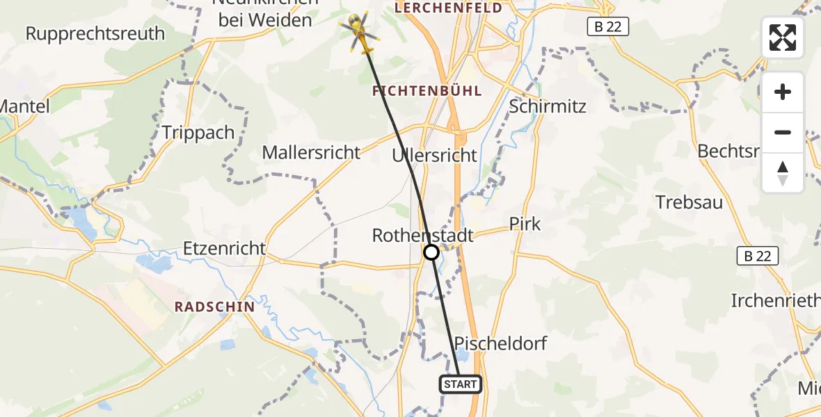 Flugroute Ambulanzhubschrauber Pirk - Weiden i.d.OPf., 19 Oktober 2026, 09:55