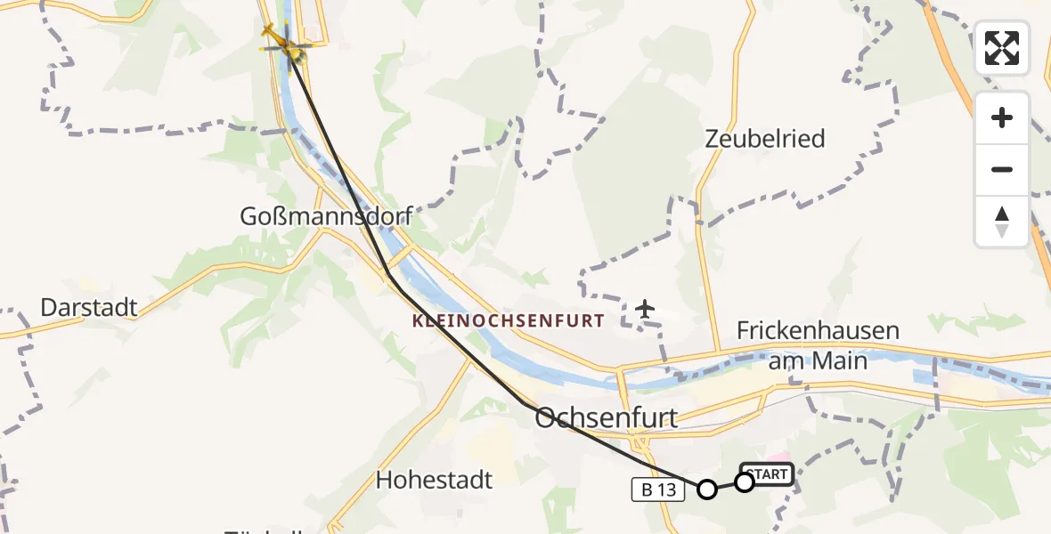 Flugroute Rettungshubschrauber Ochsenfurt Hospital - Winterhausen, 19 Oktober 2026, 09:55