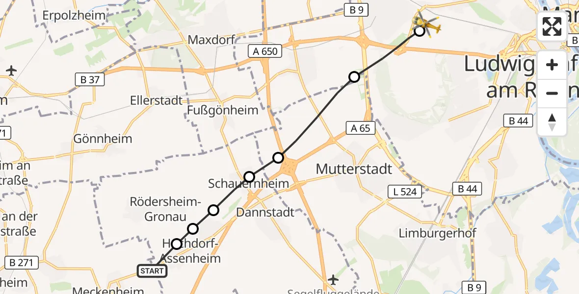 Flugroute Rettungshubschrauber Meckenheim - Ludwigshafen Accident Hospital, 19 Oktober 2026, 10:03