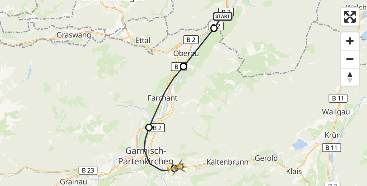 Flugroute Rettungshubschrauber Eschenlohe - Garmisch-Partenkirchen Clinic Hubschrauberlandeplatz, 19 Oktober 2026, 10:05