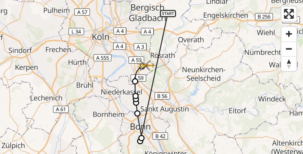 Flugroute Ambulanzhubschrauber Bergisch Gladbach - Köln Bonn Flughafen, 19 Oktober 2026, 10:12