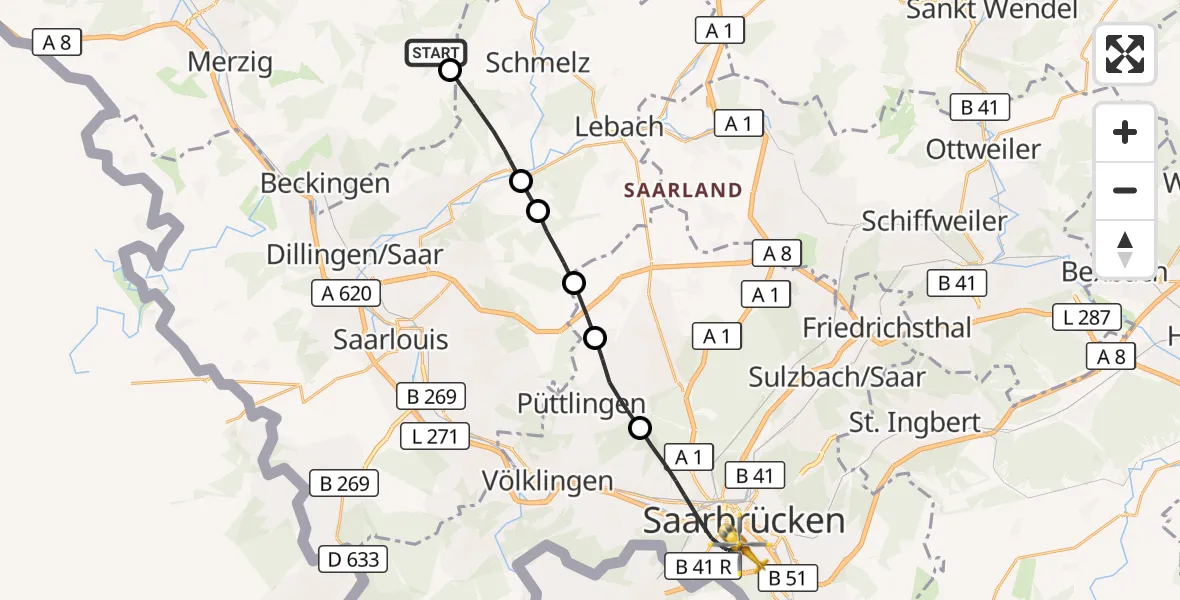 Flugroute Rettungshubschrauber Beckingen - Saarbrücken, 19 Oktober 2026, 10:25