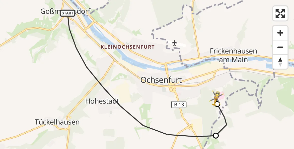 Flugroute Rettungshubschrauber Ochsenfurt - Ochsenfurt Hospital, 19 Oktober 2026, 10:33
