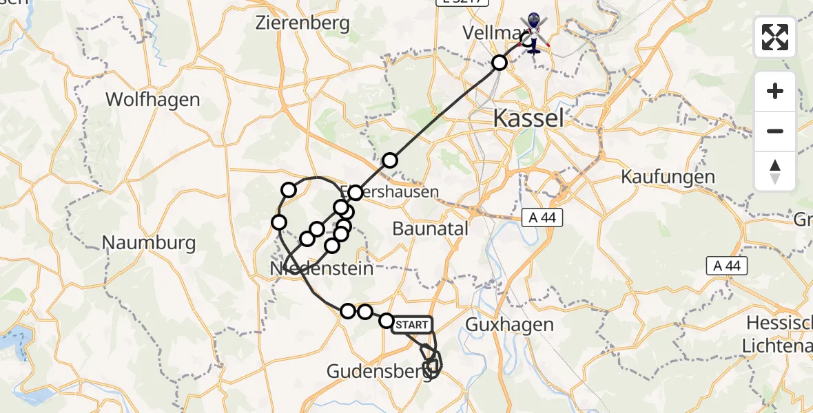 Flugroute Polizeihubschrauber Gudensberg - Fuldatal Bundespolizei Hubschrauberlandeplatz, 19 Oktober 2026, 10:39