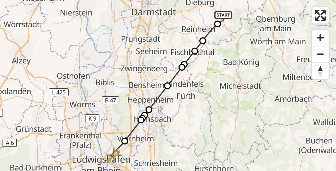 Flugroute Rettungshubschrauber Groß-Umstadt - Mannheim, 19 Oktober 2026, 10:39