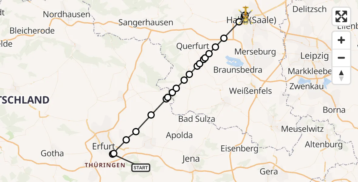 Flugroute Ambulanzhubschrauber Bad Berka Central Hospital - Halle (Saale) University Hospital, 19 Oktober 2026, 10:44