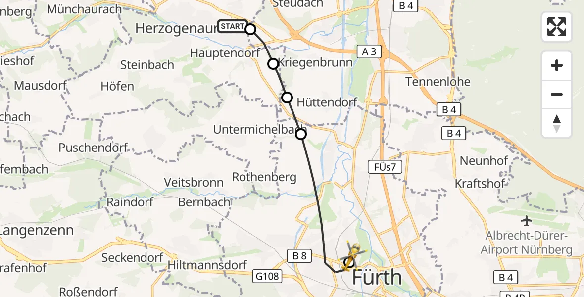Flugroute Ambulanzhubschrauber Herzogenaurach - Fürth Hospital, 19 Oktober 2026, 10:46