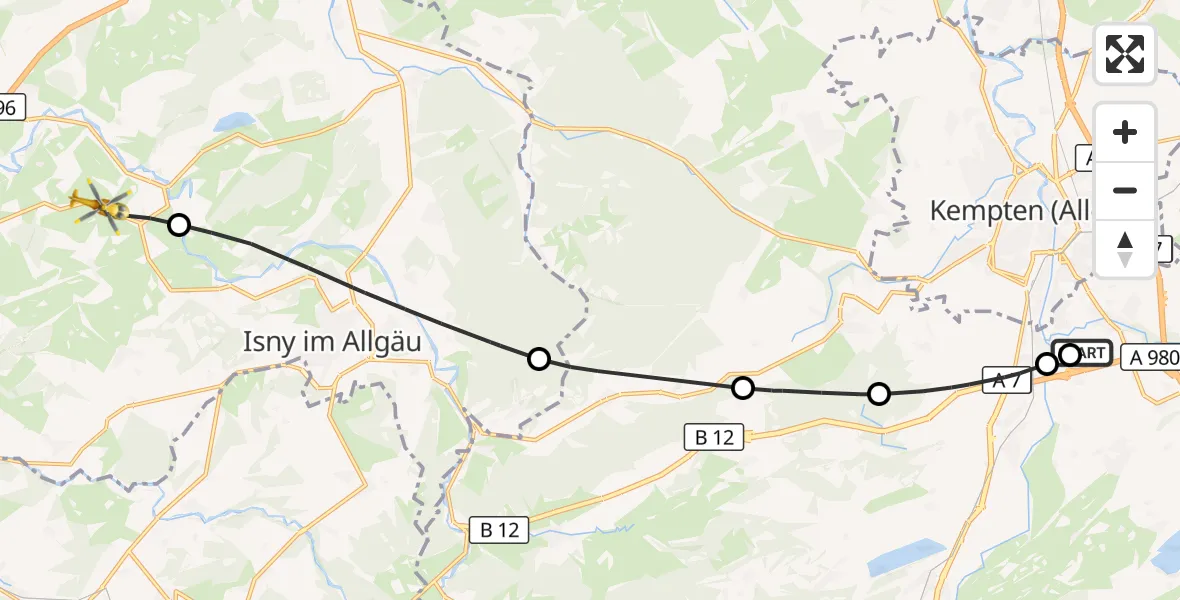 Flugroute Rettungshubschrauber Kempten-Durach Flugplatz - Argenbühl, 19 Oktober 2026, 10:51