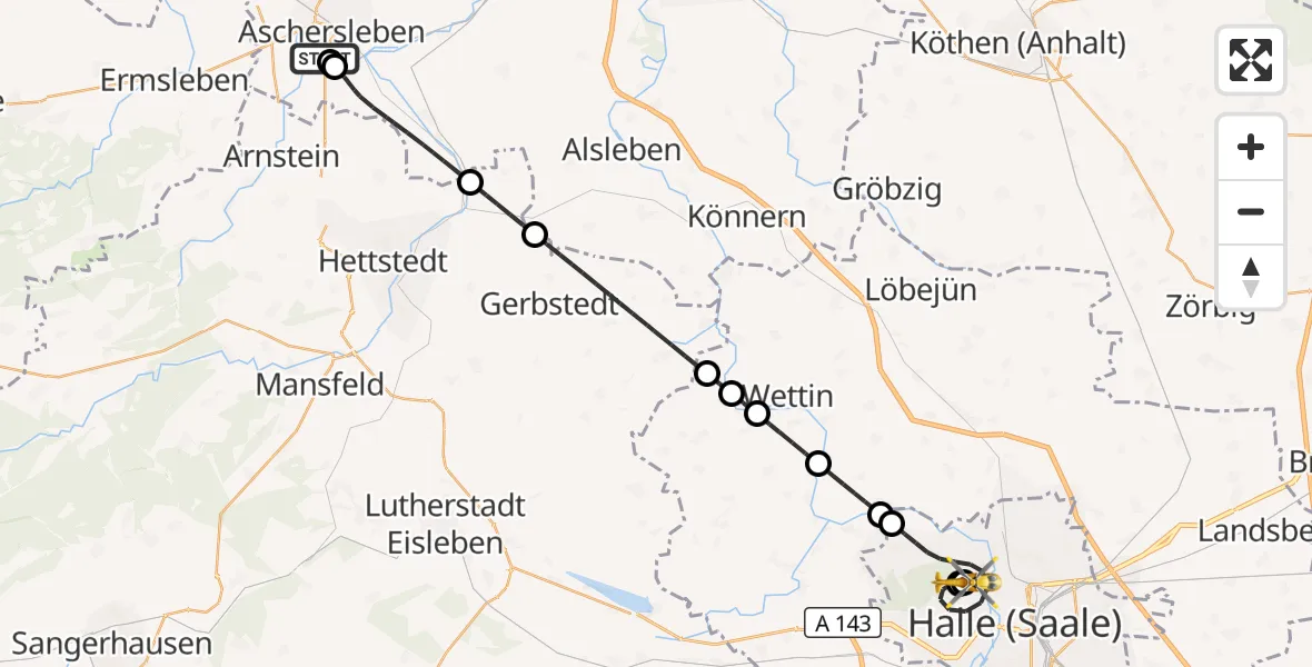 Flugroute Rettungshubschrauber AMEOS Hospital Aschersleben - Halle (Saale) University Hospital, 19 Oktober 2026, 11:10