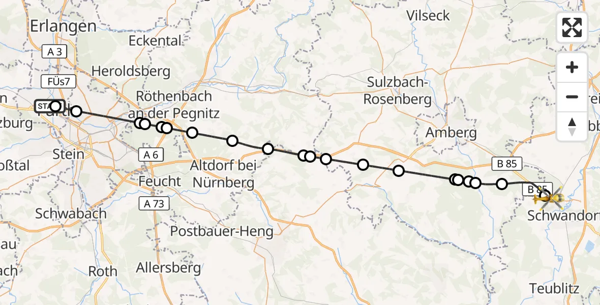Flugroute Ambulanzhubschrauber Fürth Hospital - Schwandorf, 19 Oktober 2026, 11:13