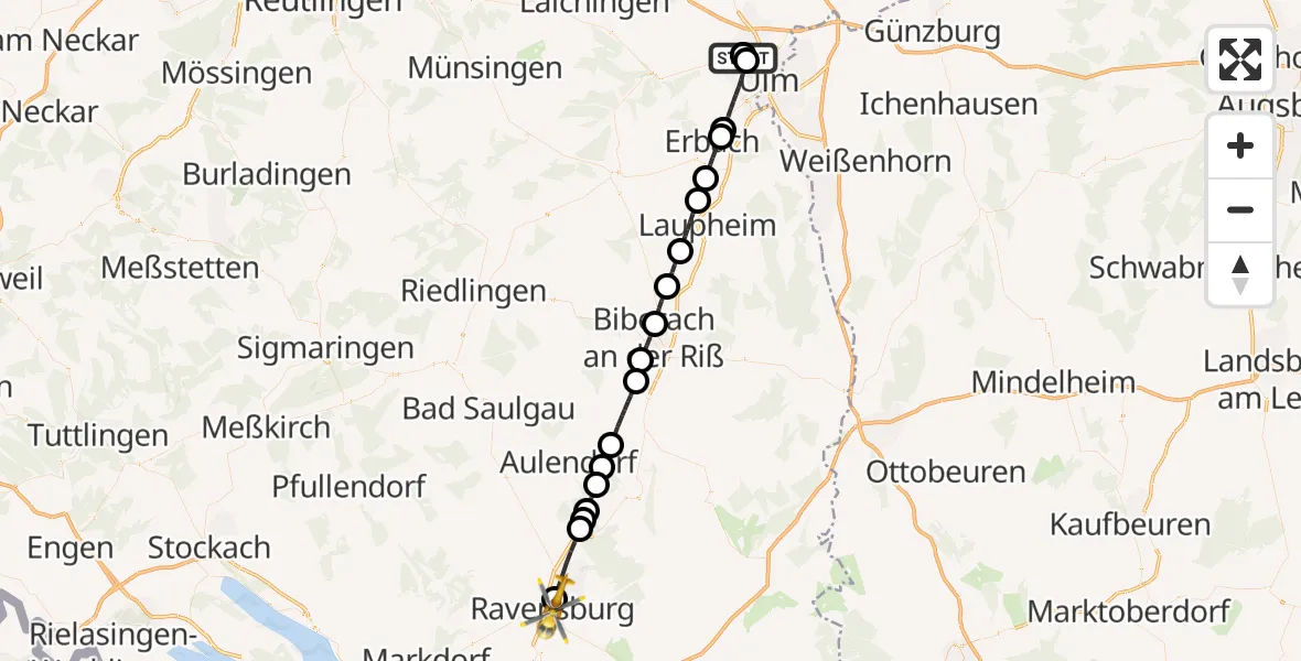 Flugroute Rettungshubschrauber Ulm Military Hospital Emergency - Ravensburg, 19 Oktober 2026, 11:14