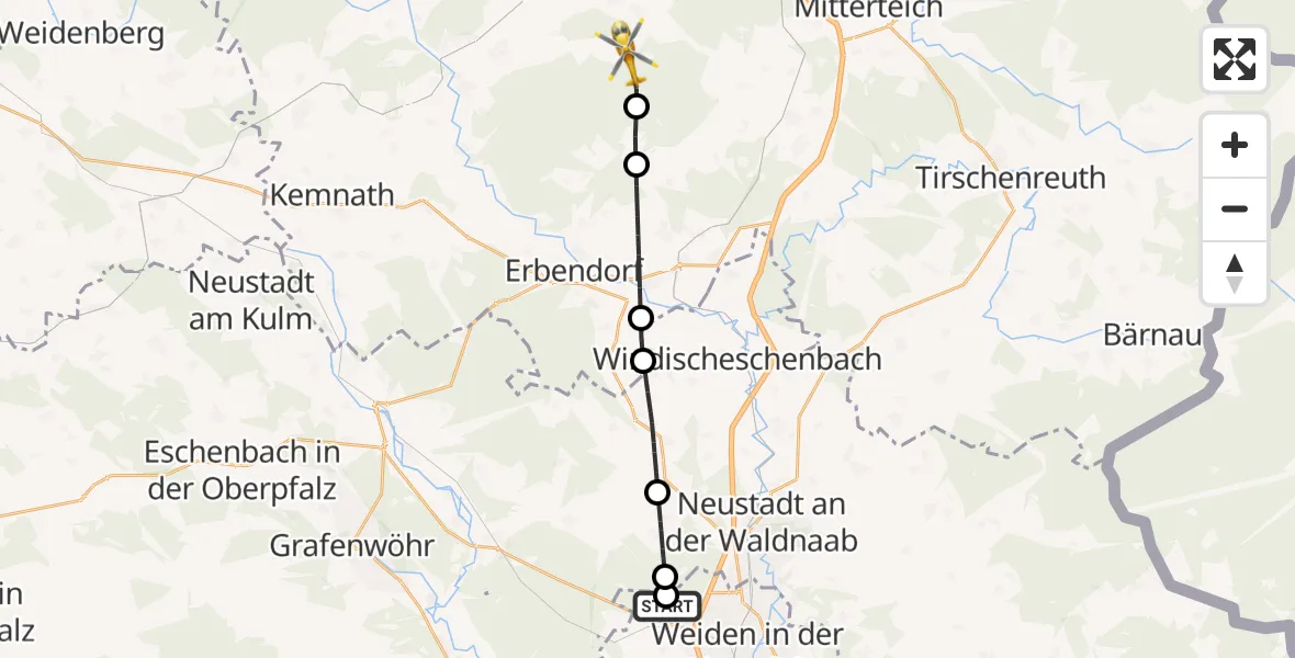 Flugroute Ambulanzhubschrauber Weiden i.d.OPf. - Waldershof, 19 Oktober 2026, 11:17
