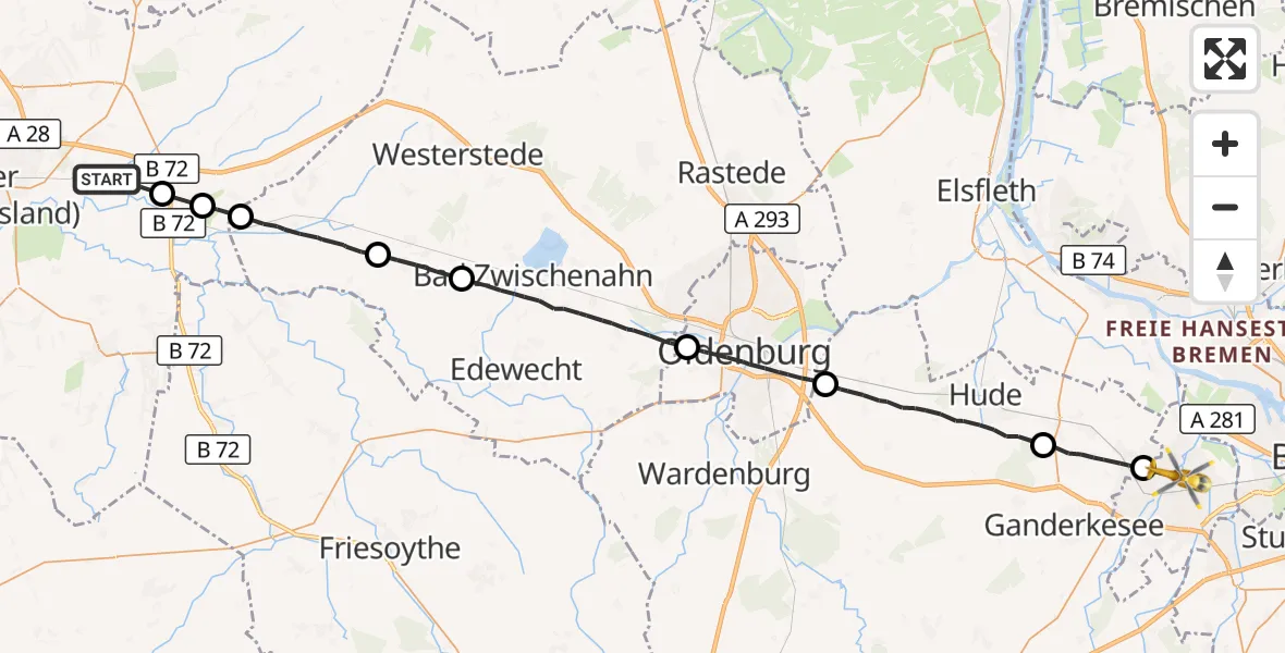 Flugroute Rettungshubschrauber Nortmoor - Delmenhorst, 19 Oktober 2026, 11:21