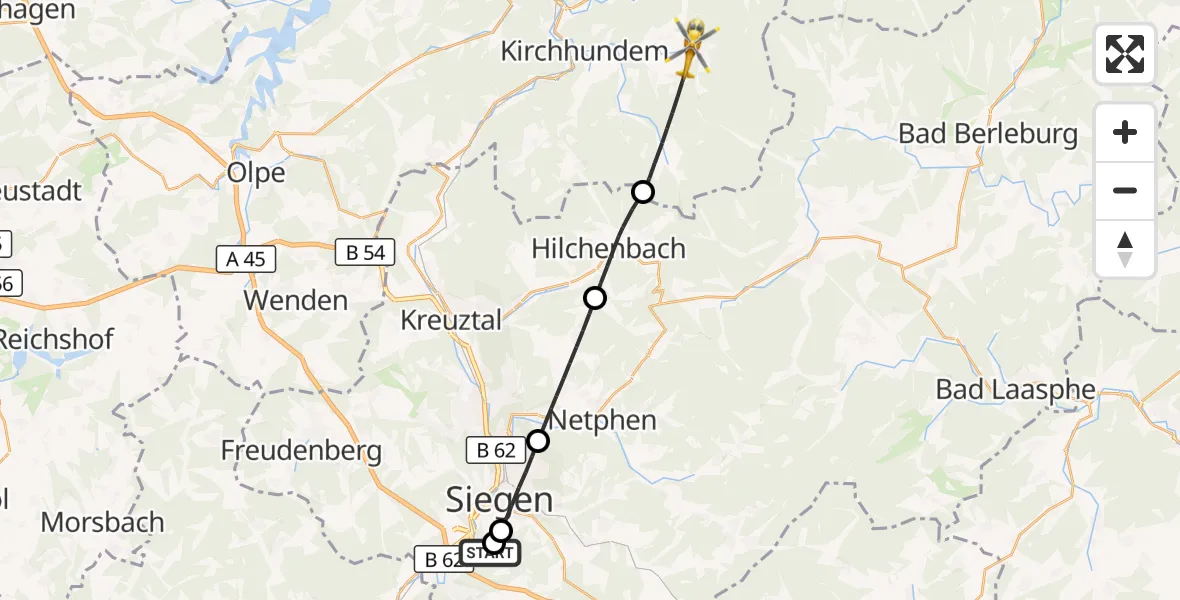 Flugroute Rettungshubschrauber Evangelisches Jung-Stilling Hospital - Kirchhundem, 19 Oktober 2026, 11:22