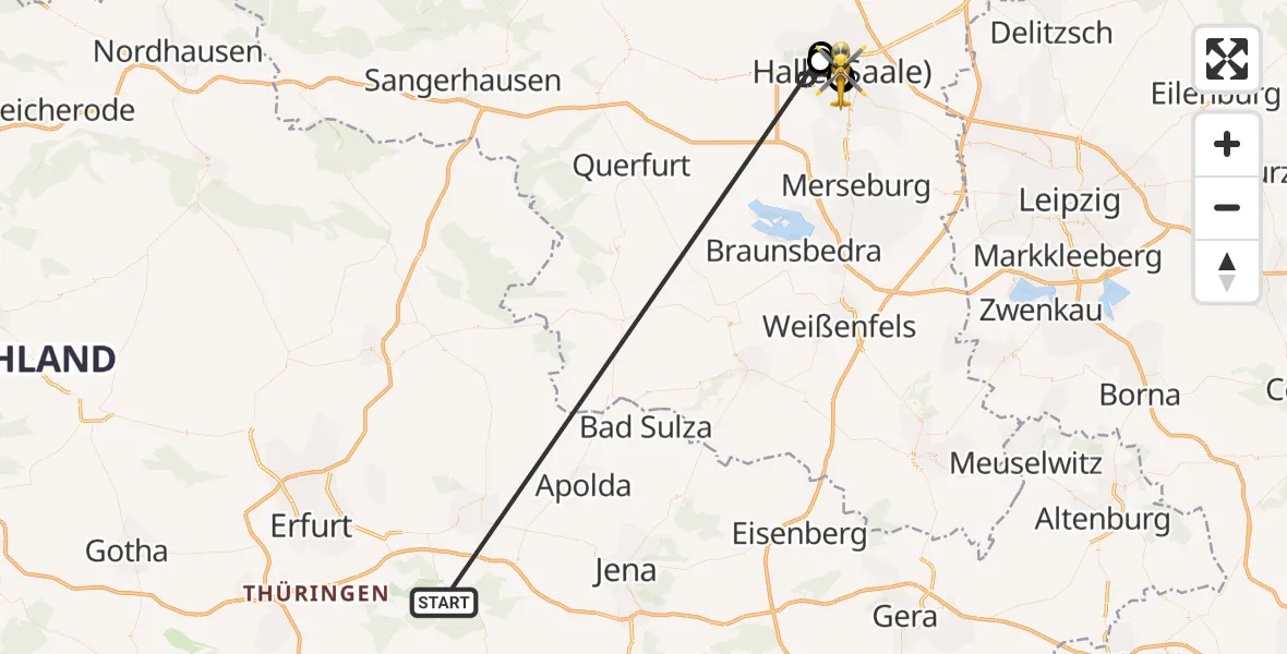 Flugroute Ambulanzhubschrauber Bad Berka Central Hospital - Sankt Elisabeth and Sankt Barbara Hospital Halle (Saale), 19 Oktober 2026, 11:24