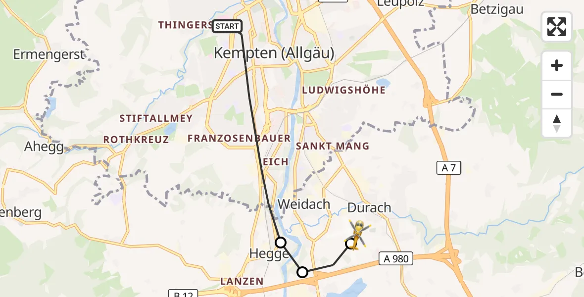Flugroute Rettungshubschrauber Kempten (Allgäu) - Kempten-Durach Flugplatz, 19 Oktober 2026, 11:40