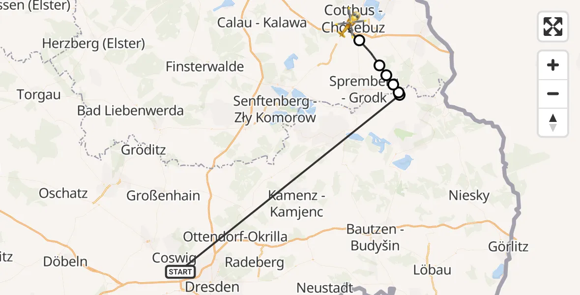 Flugroute Rettungshubschrauber Dresden - Carl Thien Hospital Cottbus Hubschrauberlandeplatz, 19 Oktober 2026, 11:40