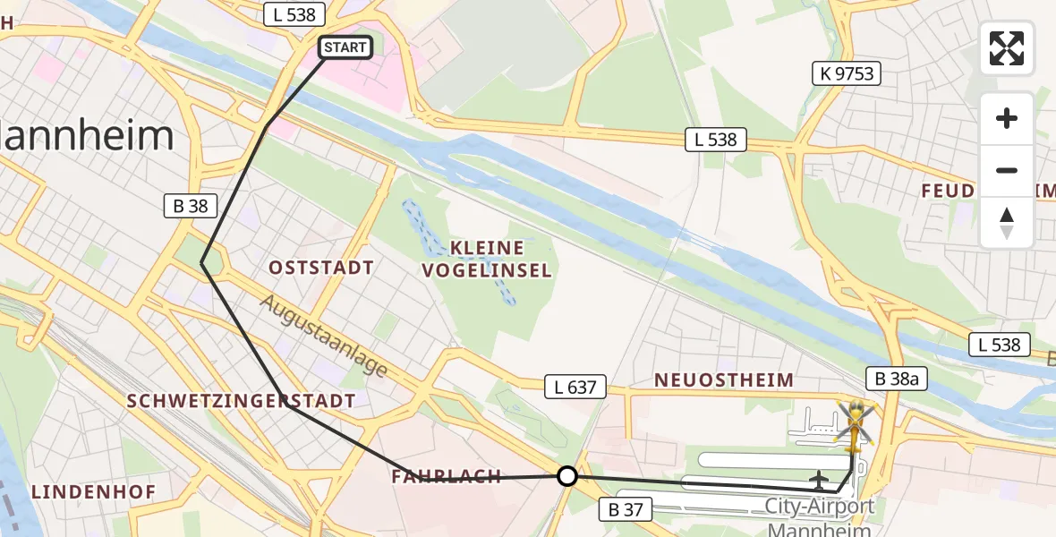 Flugroute Rettungshubschrauber Mannheim - Mannheim-City Flughafen, 19 Oktober 2026, 11:42