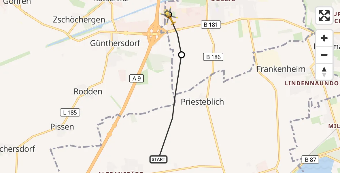 Flugroute Rettungshubschrauber Markranstädt - ADAC Air Rescue Station Leipzig/Schkeuditz-Dölzig Hubschrauberlandeplatz (Christoph 61), 19 Oktober 2026, 11:47