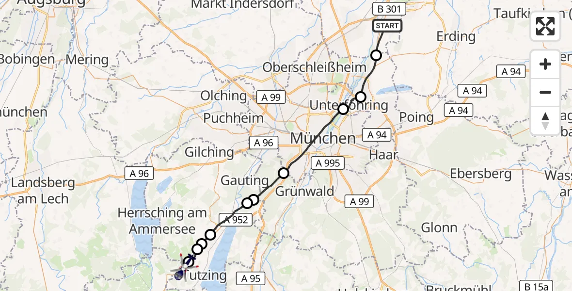 Flugroute Polizeihubschrauber Hallbergmoos - Pähl, 19 Oktober 2026, 11:51