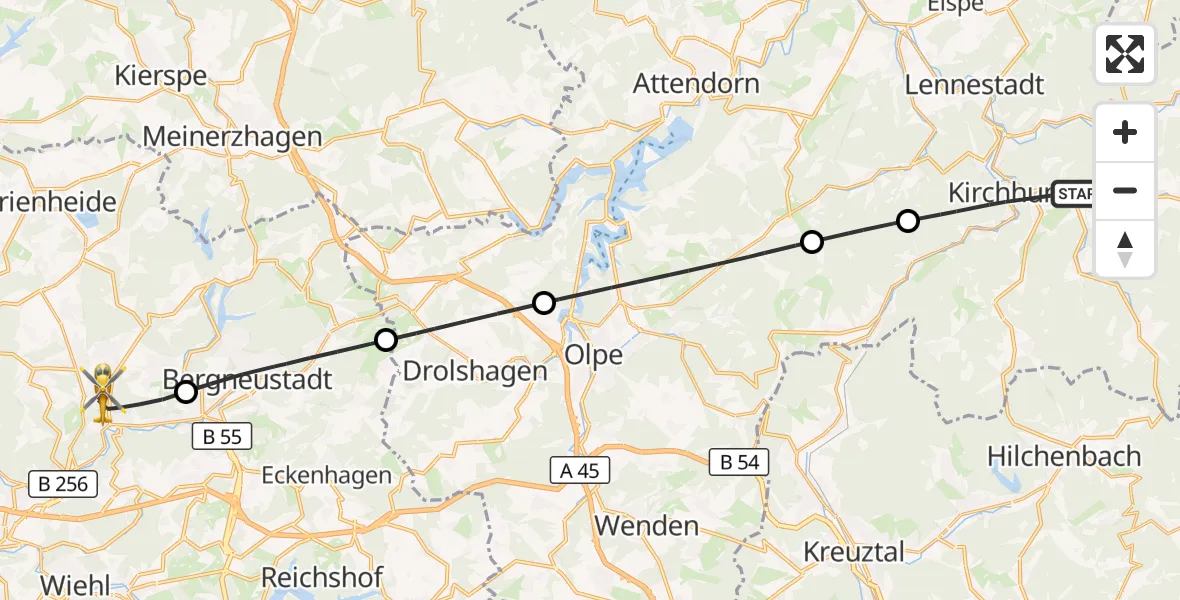 Flugroute Rettungshubschrauber Kirchhundem - Gummersbach, 19 Oktober 2026, 11:54