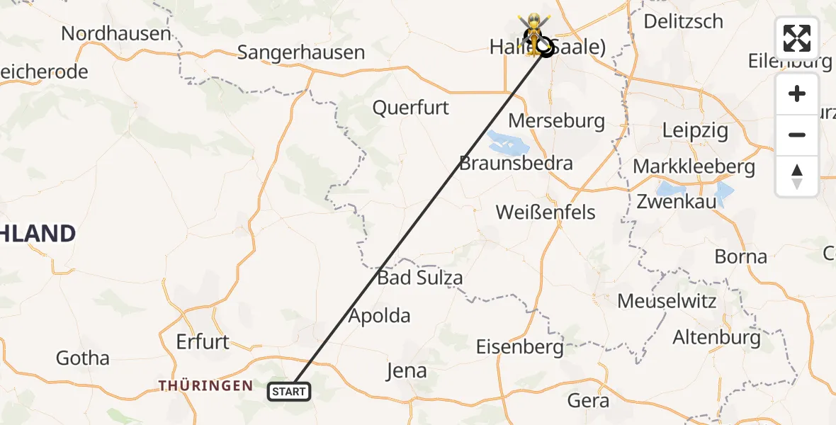 Flugroute Ambulanzhubschrauber Bad Berka Central Hospital - Halle (Saale) University Hospital, 19 Oktober 2026, 12:03