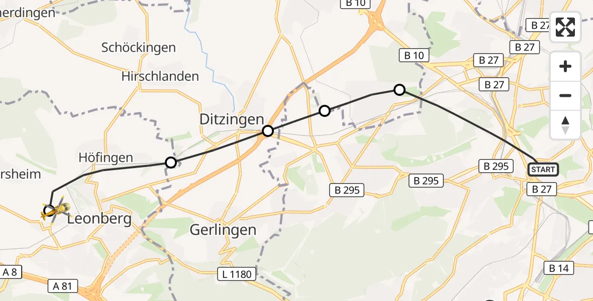 Flugroute Rettungshubschrauber Stuttgart - Leonberg Hospital, 19 Oktober 2026, 12:03