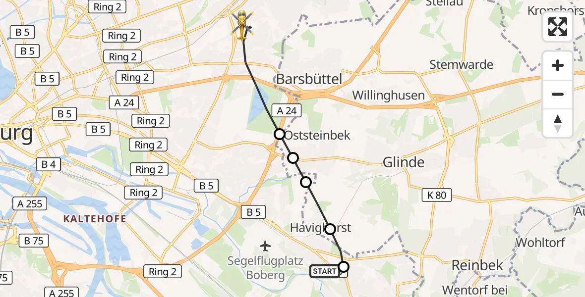Flugroute Rettungshubschrauber Christoph Hansa ADAC Hubschrauberlandeplatz - Hamburg, 19 Oktober 2026, 12:05