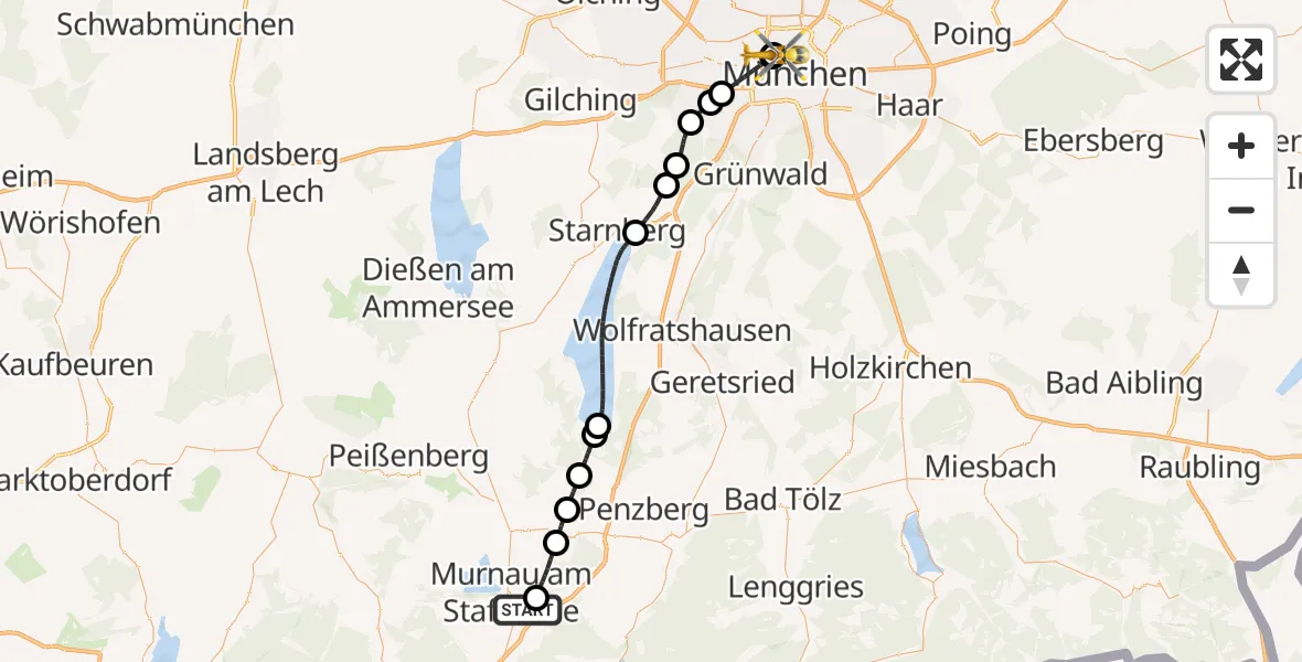Flugroute Rettungshubschrauber Murnau a.Staffelsee - Deutsches Herzzentrum München, 19 Oktober 2026, 12:20