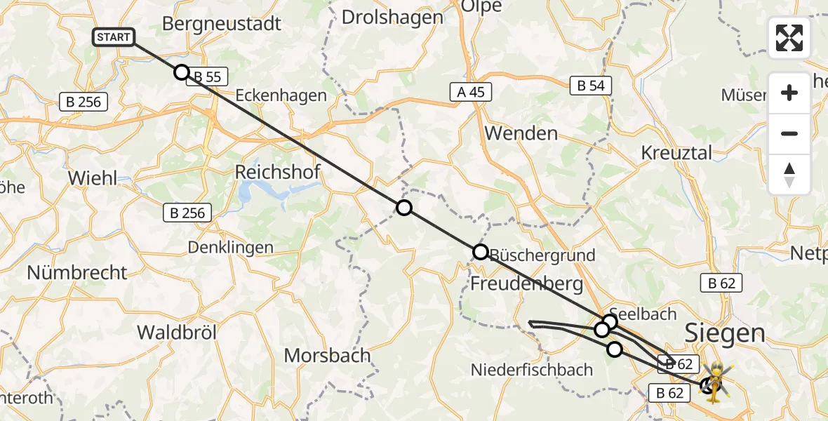 Flugroute Rettungshubschrauber Gummersbach - Evangelisches Jung-Stilling Hospital, 19 Oktober 2026, 12:26