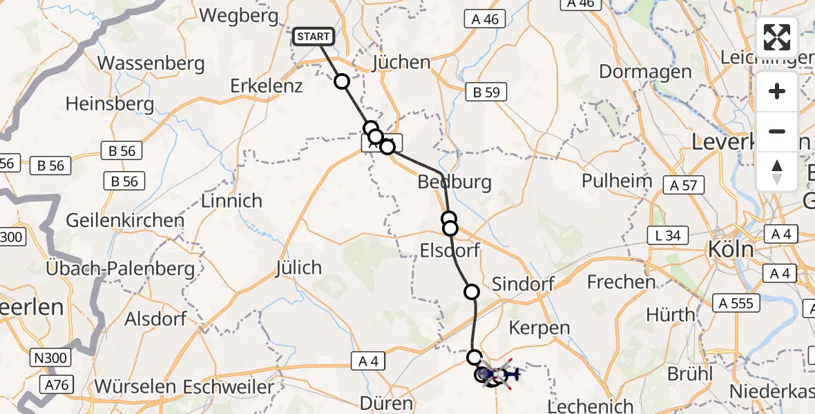 Flugroute Polizeihubschrauber Mönchengladbach - Militärflugplatz Nörvenich, 19 Oktober 2026, 12:28