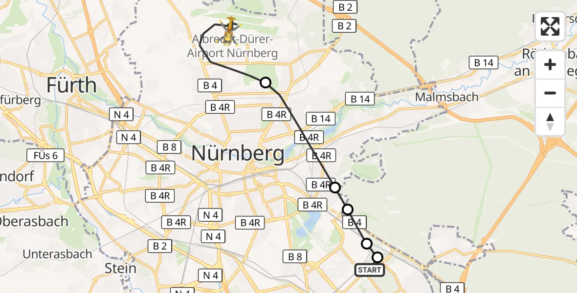 Flugroute Ambulanzhubschrauber Nürnberg South Hospital - Flughafen Nuremberg, 19 Oktober 2026, 13:03