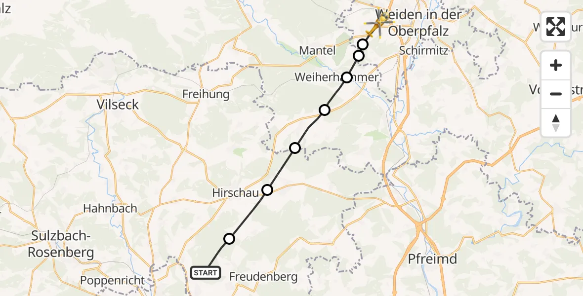 Flugroute Ambulanzhubschrauber Freudenberg - Weiden i.d.OPf., 19 Oktober 2026, 13:03