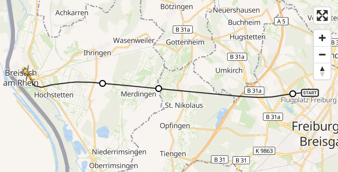 Flugroute Ambulanzhubschrauber Freiburg im Breisgau Flugplatz - Breisach am Rhein, 19 Oktober 2026, 13:07