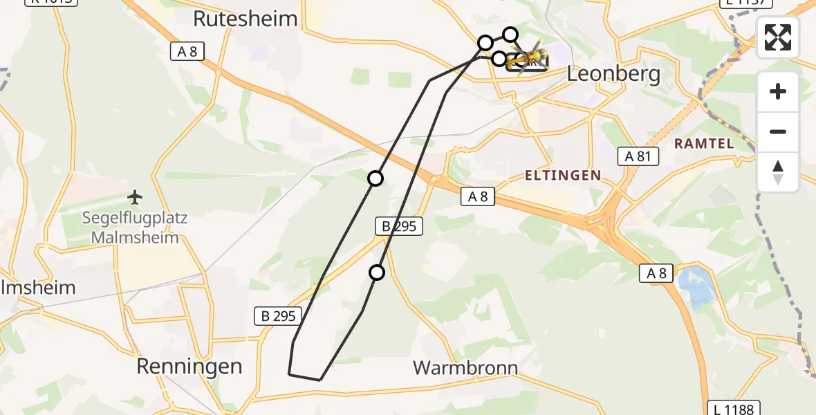 Flugroute Rettungshubschrauber Leonberg Hospital - Leonberg Hospital, 19 Oktober 2026, 13:17