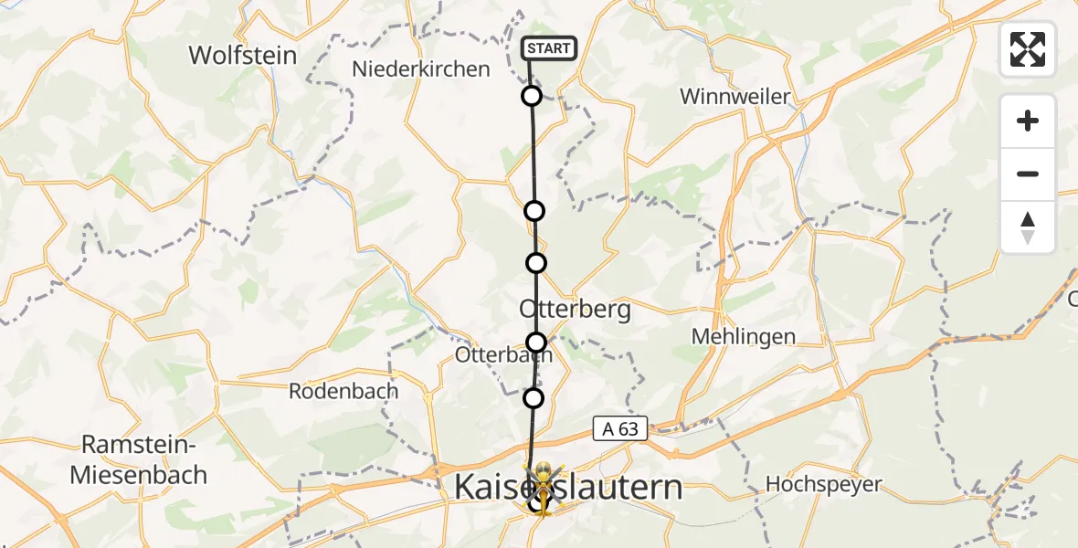 Flugroute Rettungshubschrauber Gundersweiler - Westpfalz Hospital Kaiserslautern, 19 Oktober 2026, 13:23