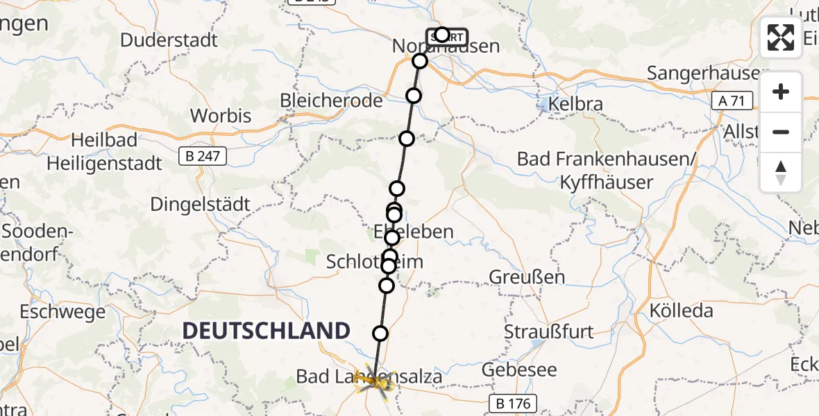 Flugroute Rettungshubschrauber Südharz Hospital Nordhausen - Bad Langensalza, 19 Oktober 2026, 13:26