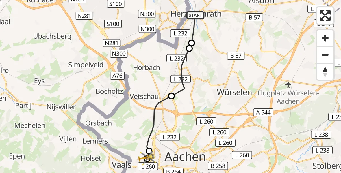 Flugroute Rettungshubschrauber Herzogenrath - Aachen Hospital, 19 Oktober 2026, 13:40