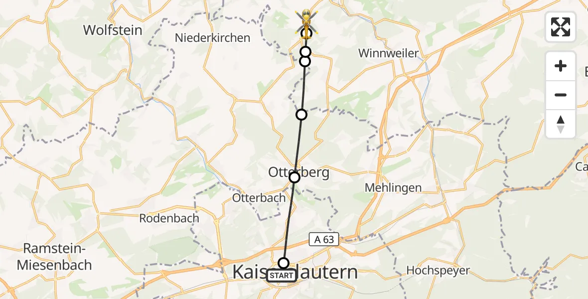 Flugroute Rettungshubschrauber Westpfalz Hospital Kaiserslautern - Gundersweiler, 19 Oktober 2026, 13:48