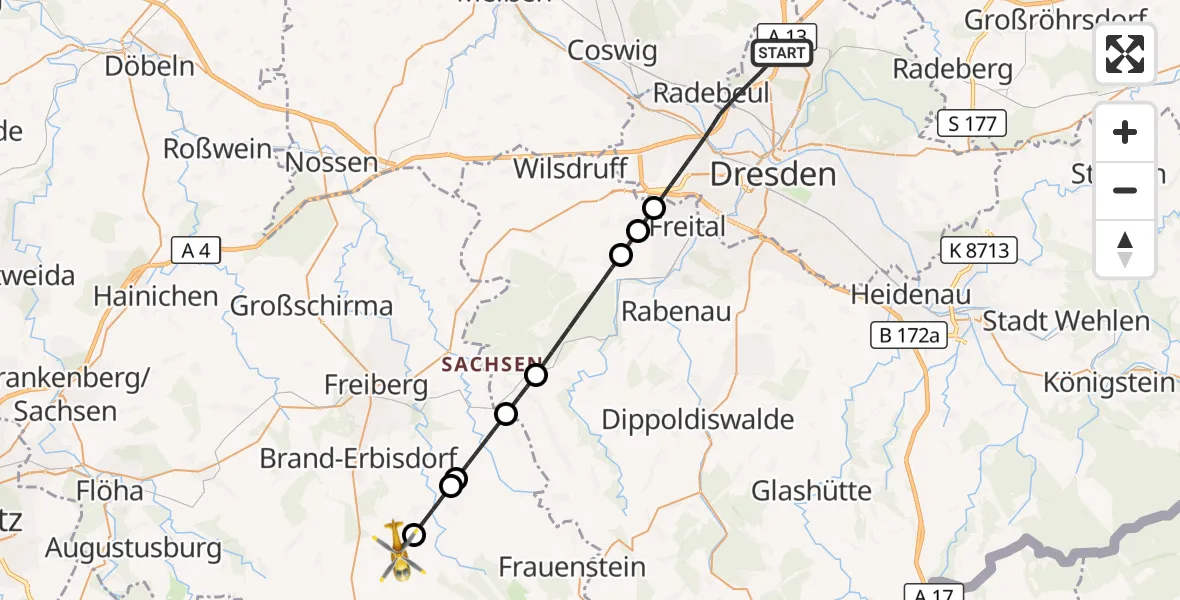 Flugroute Rettungshubschrauber Dresden - Mulda/Sa., 19 Oktober 2026, 13:57
