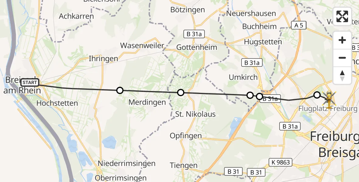 Flugroute Ambulanzhubschrauber Breisach am Rhein - Freiburg im Breisgau Flugplatz, 19 Oktober 2026, 14:02